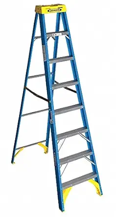 Werner 6008 Type I Fiberglass Step Ladder, 7 Steps, Single-Sided, Blue, 250lb Load Capacity, 8' Length, 25" Base Width, 6.25" Height