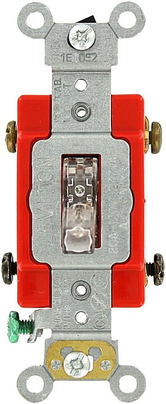 Leviton 20 Amp, 120 Volt, Toggle Pilot Light, Neutral Double-Pole AC Quiet Switch, Extra Heavy Duty Spec Grade, Self Grounding, Back and Side Wired, 1222-PLC, Clear