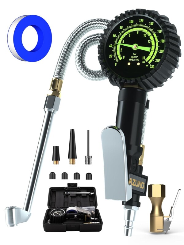 AZUNO Heavy Duty Tire Pressure Gauge, Tire Inflator Gauge 230PSI Air Chuck Air Compressor Attachments, with Steel Braided Hose, Large 2.6" Glow Dial & Quick Connect Coupler, for Truck/Car/SUV/RV/Bike