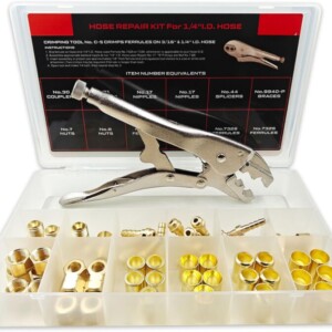 54PCS PK-26 1/4" I.D.TORCH HOSE REPAIR KIT, AIR HOSE REPAIR KITS FOR TORCH HOSE/OXYGEN ACETYLENE/AIR HOSE, 1/4" HOSE REPAIR KIT INCLUDE FITTINGS/CRIMPING TOOL/FERRULES/COUPLERS/BRACES/SPLICERS/NIPPLES