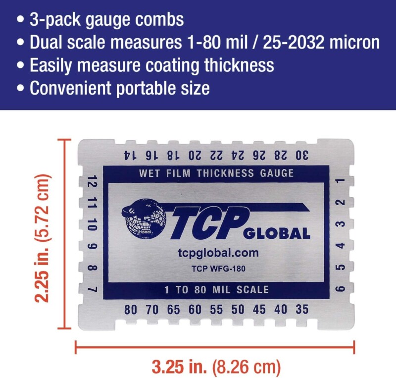 TCP Global Wet Film Thickness Gauge Comb, 1-80 Mil Scale, Step and notched for Paints Resins