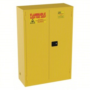 FLAMMABLES SAFETY CABINET: STD, 45 GAL, 43 IN X 18 IN X 65 IN, YELLOW, MANUAL CLOSE, 2 SHELVES, STD