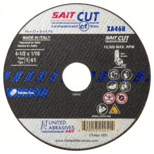 SAIT Abrasive Cut-Off Wheel: Type 1, 4 1/2" x 1/16" x 7/8", Aluminum Oxide, 46 Grit, XA46R