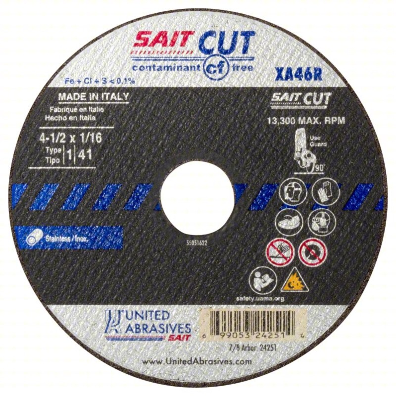 SAIT Abrasive Cut-Off Wheel: Type 1, 7" x 1/16" x 7/8", Aluminum Oxide, 46 Grit, XA46R