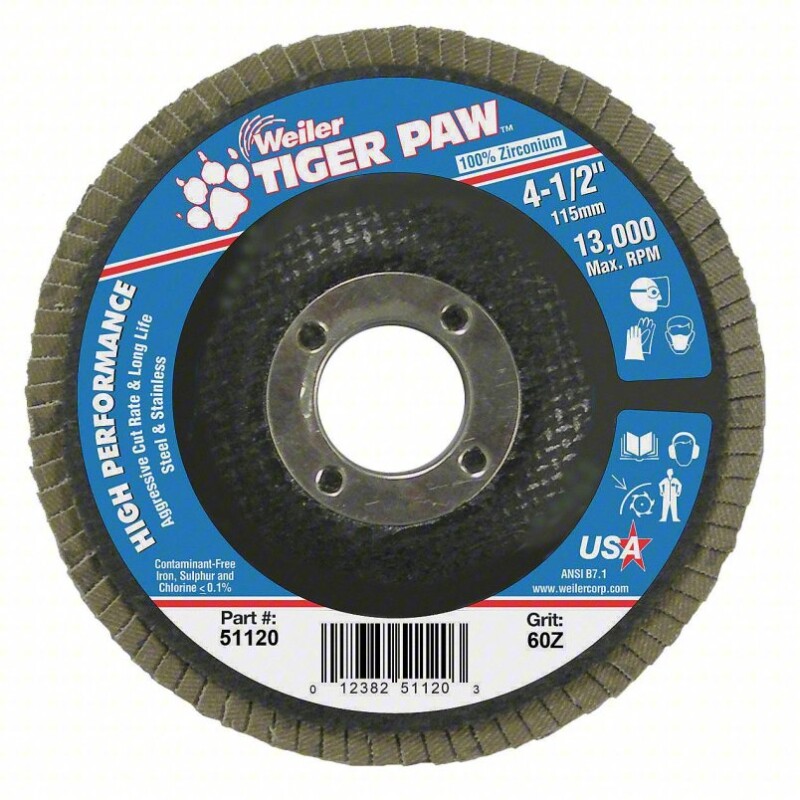 WEILER Flap Disc: Type 29, 4-1/2" x 7/8", Zirconia Alumina, 60 Grit, Phenolic Bk, Std Density