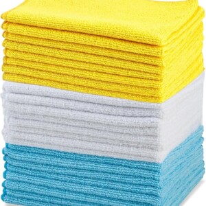 Amazon Basics Microfiber Cleaning Cloths, Lint Free, Absorbent, Streak Free, Non-Abrasive, Reusable and Washable, Pack of 24, Blue/White/Yellow, 16" x 12"