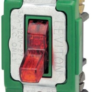 Leviton 3032-PLR 30 Amp, 120 Volt, Toggle Pilot Light, Illuminated On, Double-Pole AC Quiet Switch, Extra Heavy Duty Grade, Self Grounding, Back and Side Wired, Red