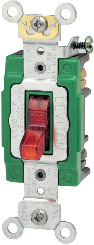Leviton 3032-PLR 30 Amp, 120 Volt, Toggle Pilot Light, Illuminated On, Double-Pole AC Quiet Switch, Extra Heavy Duty Grade, Self Grounding, Back and Side Wired, Red