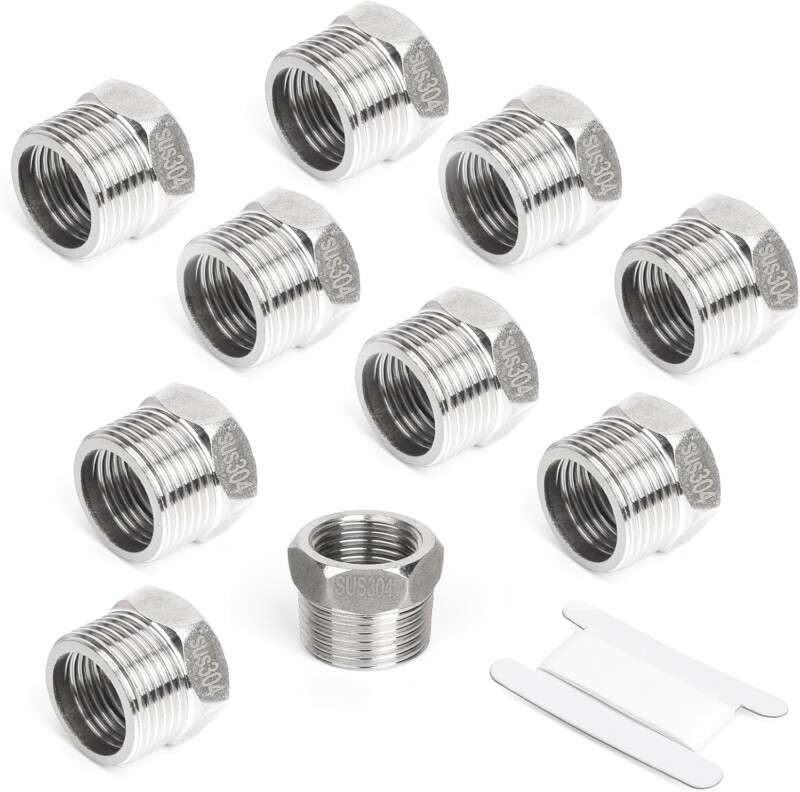 Kodilin 10PCS 304 Stainless Steel Reducer Hex Bushing, 3/4" NPT Male x 1/2" NPT Female, Reducing Pipe Fitting Adapter