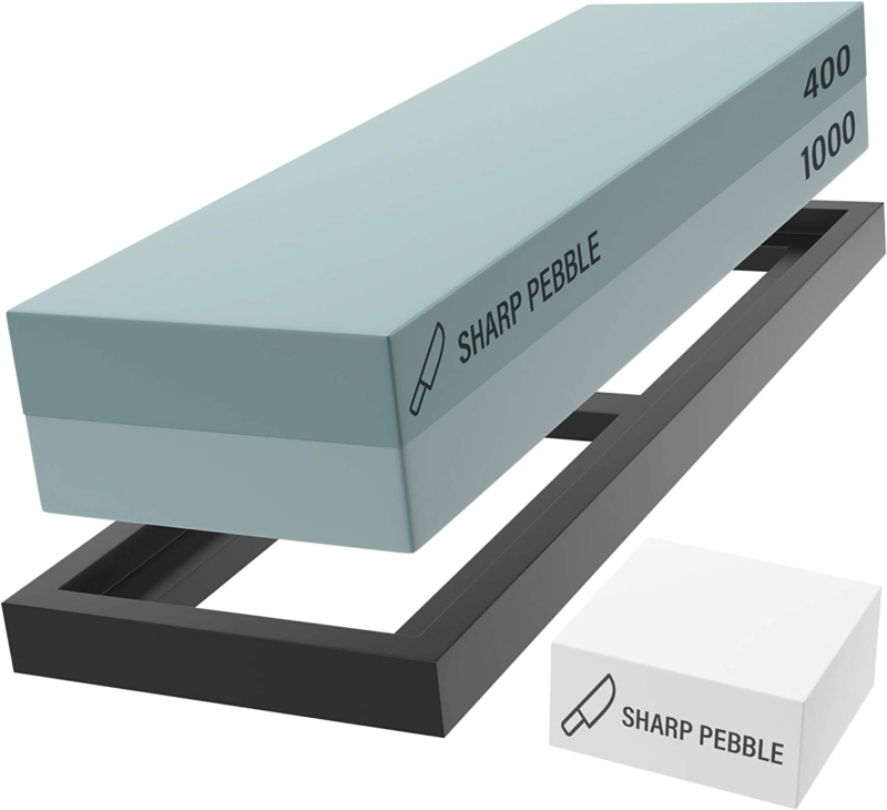 SHARP PEBBLE PREMIUM WHETSTONE KNIFE SHARPENING STONE 2 SIDE GRIT 400/1000 WETSTONE KIT -WET STONE KITCHEN KNIFE SHARPENER WITH FLATTENING STONE & NONSLIP RUBBER BASE