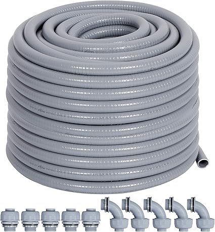 Liquid-Tight Conduit 100 ft and 10 Pieces of Connector Kit, Electrical Conduit 1/2 100ft w/UL Certification, Flexible Conduit with 5 Straight and 5 90-Degree Conduit Connector Fittings