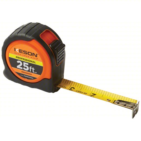 KESON Tape Measure: Inch/Metric, Nonmagnetic Single Hook Tip, Plastic with Rubberized Grip, 1/16 in Model PGPRO18M25V
