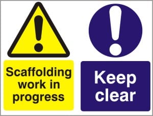 CAUTION SCAFFOLDING WORKS IN PROGRESS KEEP CLEAR SIGN